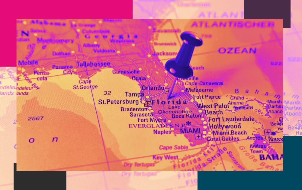 Home - Legal Marketing Agency - Ele Global Pink and orange tinted pinboard map of Florida for legal directory consultancy ELE's overview on Chambers UK and UK Bar 2027 updates.